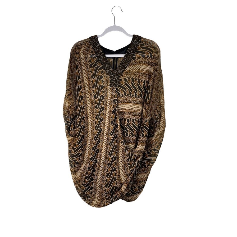 Silk Beaded Tunic Top Sheer Neutral Fall O/S